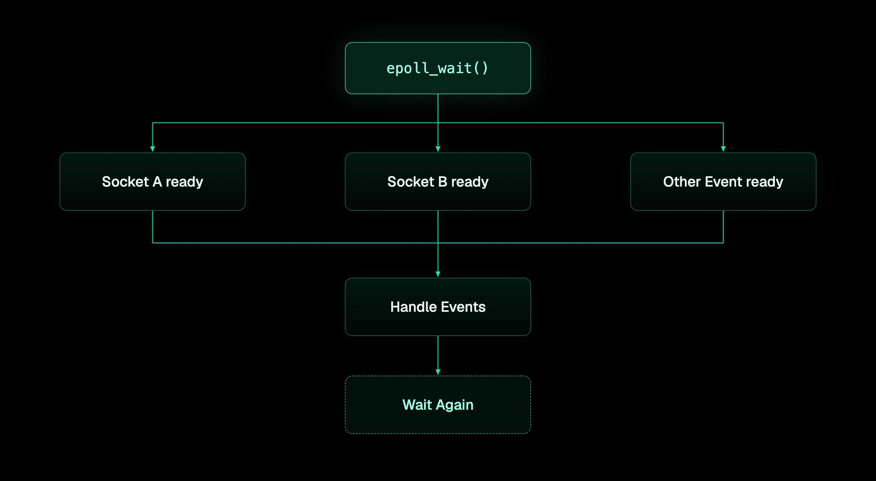 The Linux epoll event loop: one process waits on many file descriptors and the kernel reports which are readable, writable, errored or hung up.