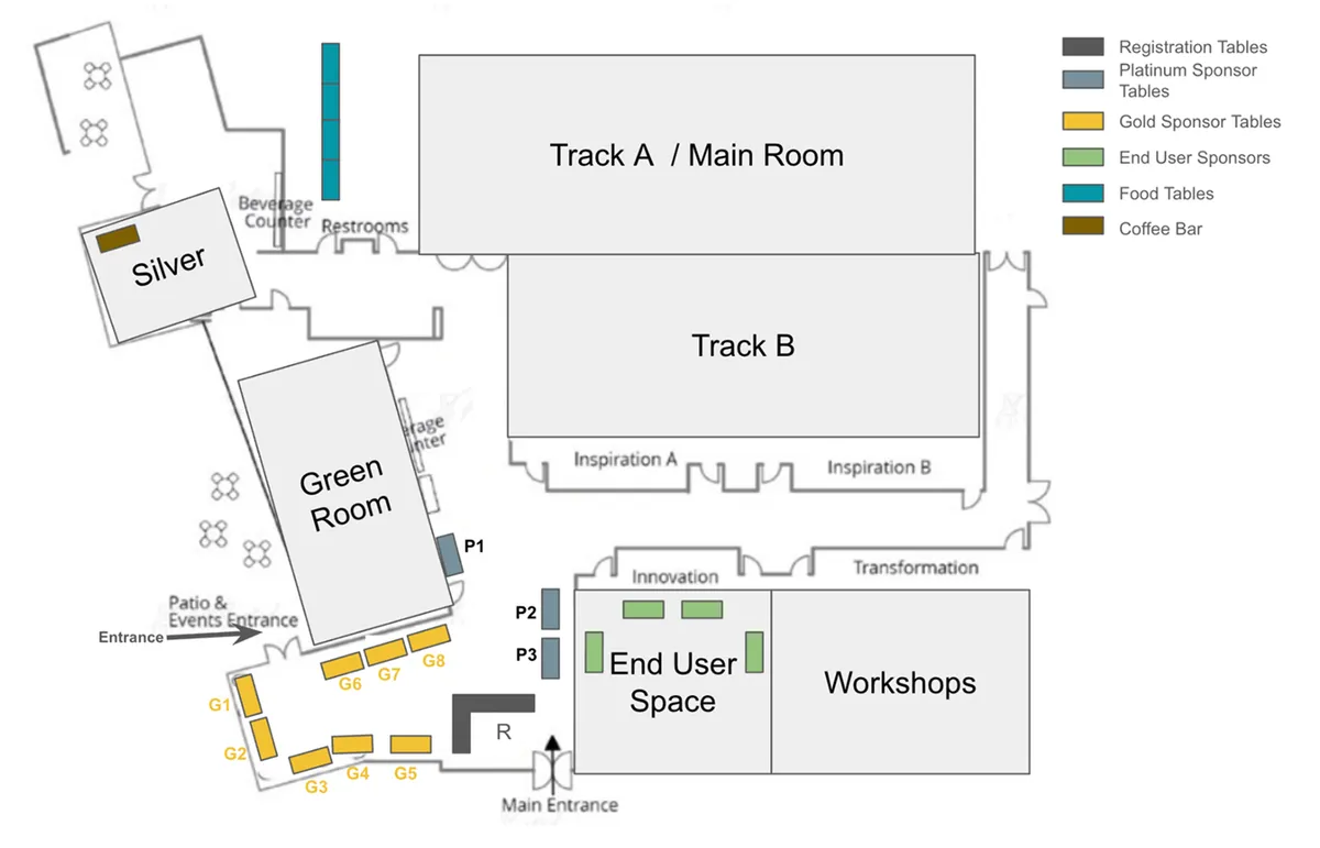 KCD Texas 2026 venue floor plan — Diagrid booth is at position G1 near the main entrance.