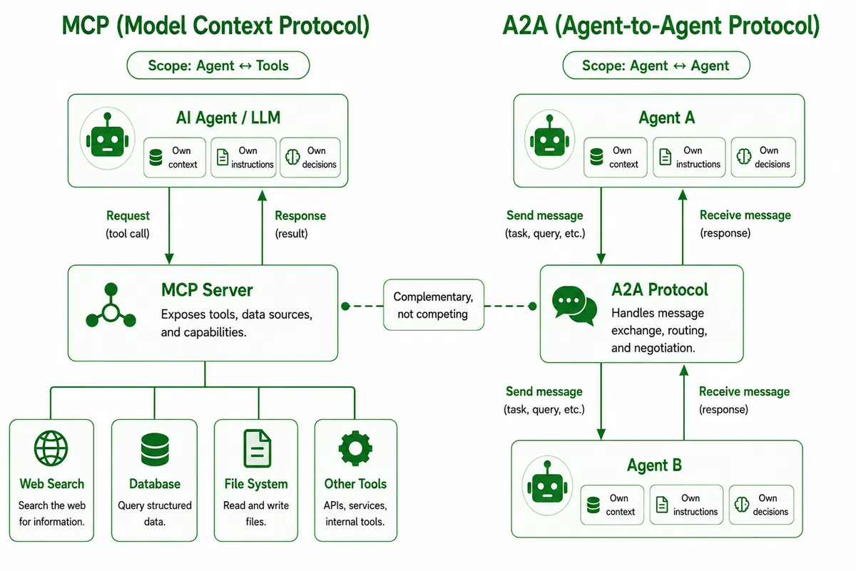 Side-by-side comparison of MCP and A2A. On the left, an AI agent scoped agent-to-tools sends requests through an MCP server that exposes web search, database, file system, and other tools. On the right, agent A and agent B exchange messages through the A2A protocol, which handles routing and negotiation. A dashed link marks the two as complementary, not competing.
