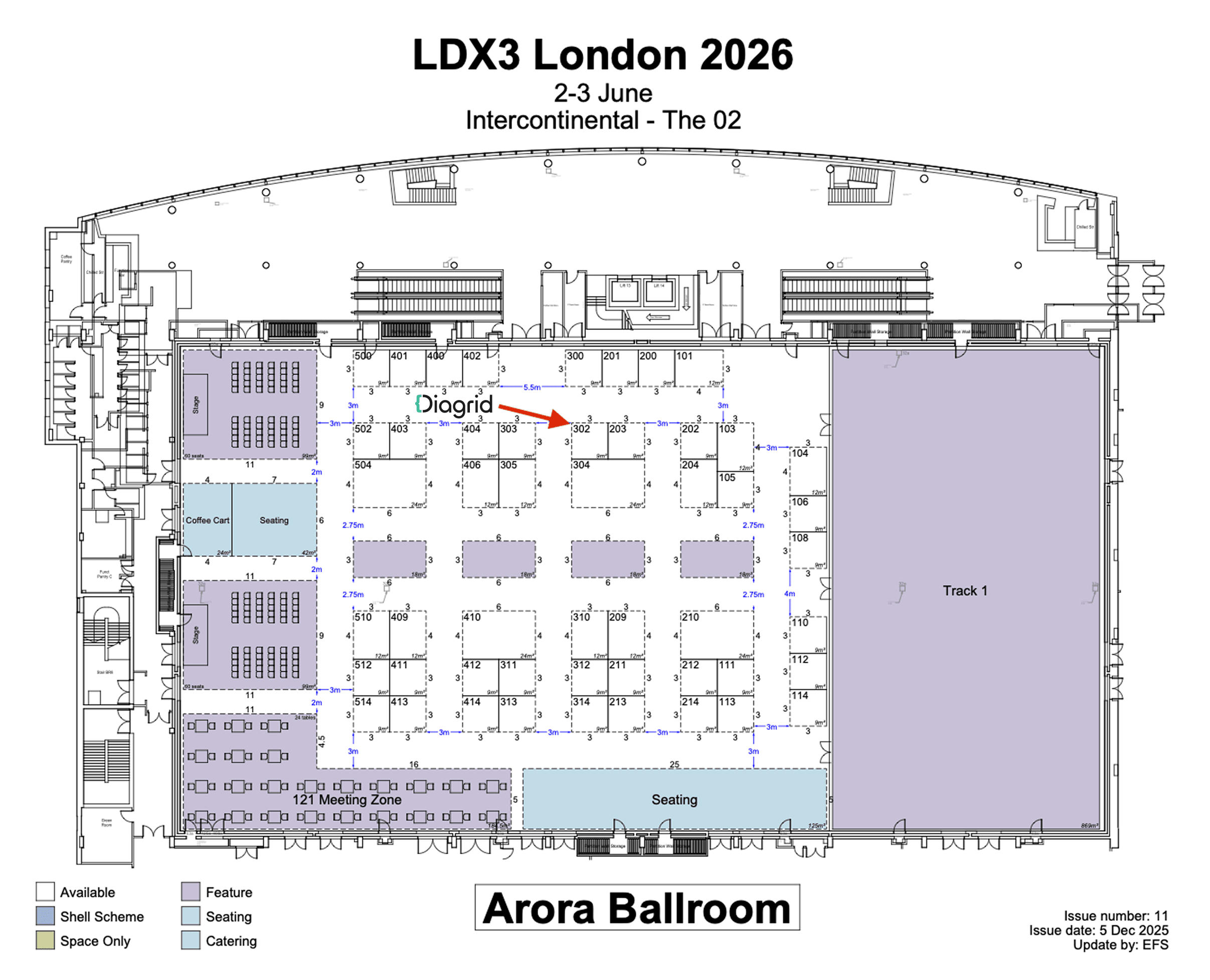 LDX3 London 2026 floor plan — Diagrid booth is at position 302 in the Arora Ballroom.