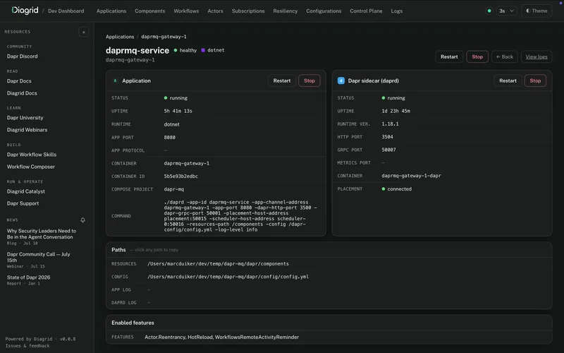 An application detail page showing the app process and its Dapr sidecar side by side, with status, ports, paths, and enabled features