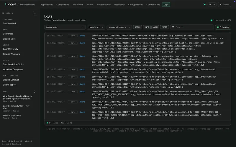 Live log tailing in the dashboard, streaming daprd and application logs with level chips and search