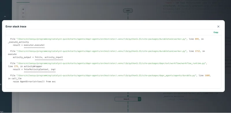 Error stack trace showing the code path where the failure originated