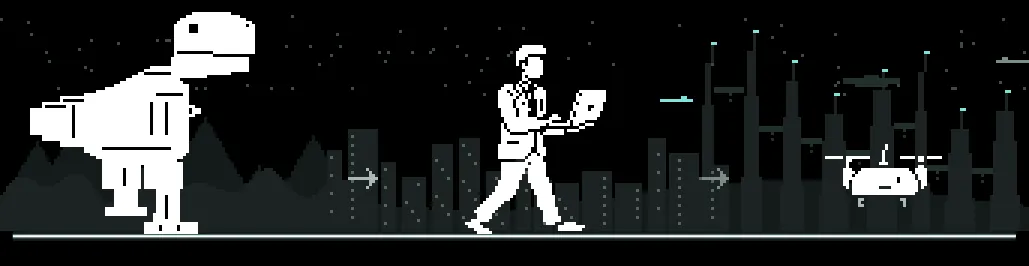 Pixel-art scene reading left to right: a lumbering robotic dinosaur among mountains, a man walking while reading an open laptop, and an autonomous drone above a city skyline.